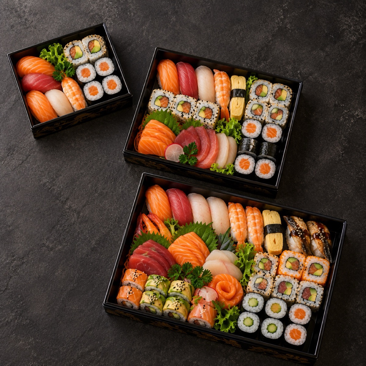 Tre box sushi in formato crescente